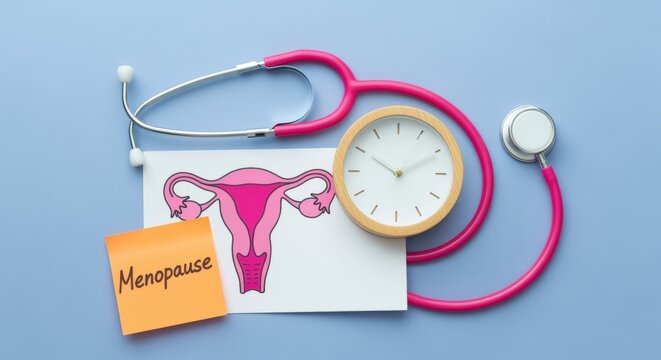 Menopause Awareness Concept: Uterus Illustration, Clock, and Stethoscope on Blue Background Depicting Women's Health