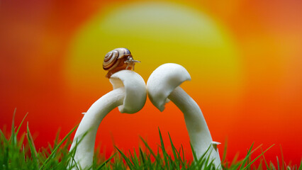 Macro photo of a small brown snail sitting on a fresh mushroom © dikadi16