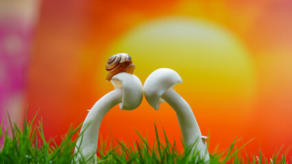 Macro photo of a small brown snail sitting on a fresh mushroom