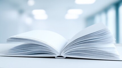 Fototapeta premium Open book with blank pages lying on a white surface in a blurred environment