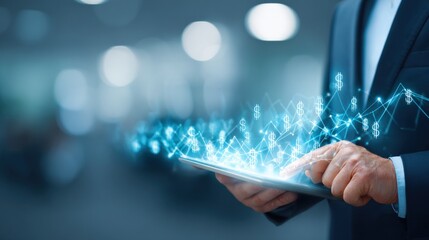 Businessman Analyzing Financial Data on Tablet with Dollar Symbol Graphic Overlay, Representing Investment Growth and Economic Success
