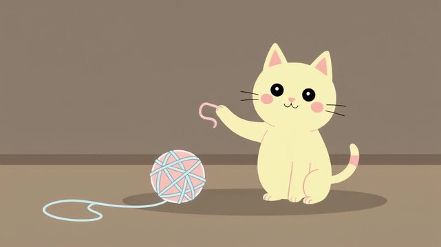 Pale yellow cartoon cat plays with pink and blue yarn ball simple background