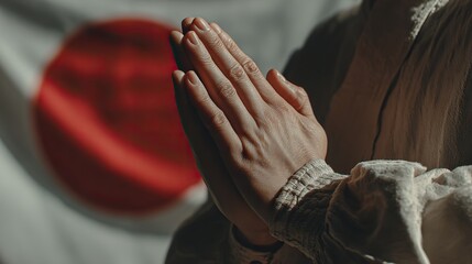 Obraz premium Close-up of hands clasped in Japanese prayer gesture against the Hinomaru flag, embodying cultural gratitude and tranquil solemnity for Japan's founding anniversary.