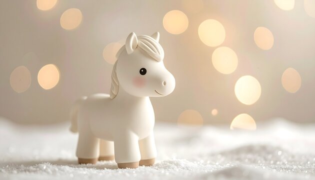 Figura decorativa de unicornio blanco adorable sobre nieve con fondo bokeh c&aacute;lido y atm&oacute;sfera invernal suave