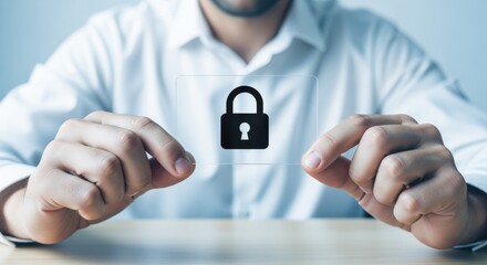 Man Displays Digital Padlock: Security Concept for Data Protection, Privacy, and Cybersecurity in Business