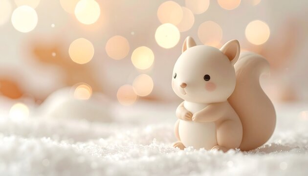 Figura decorativa de ardilla adorable sobre nieve con fondo bokeh c&aacute;lido y atm&oacute;sfera invernal suave