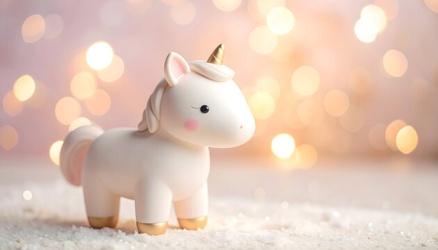 Figura decorativa de unicornio blanco sobre nieve con fondo bokeh c&aacute;lido y atm&oacute;sfera m&aacute;gica invernal