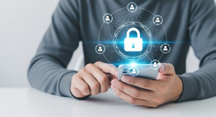 Man using smartphone with digital padlock interface, symbolizing data security and privacy protection