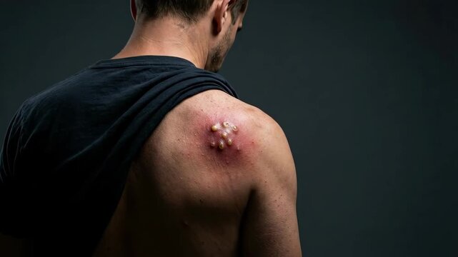 Close-up of a mans back with a large inflamed boil or abscess on his shoulder.