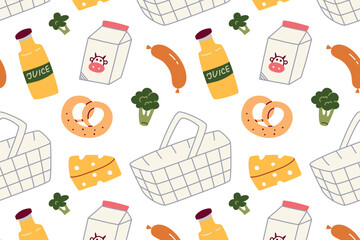 Flat cartoon vector illustration of shopping pattern with baskets, milk packs, sausages, cheese, broccoli, juice and bakery goods, everyday grocery, friendly mood, seamless design for food packaging