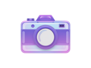A digital camera icon rendered with a shiny purple and light blue gradient effect