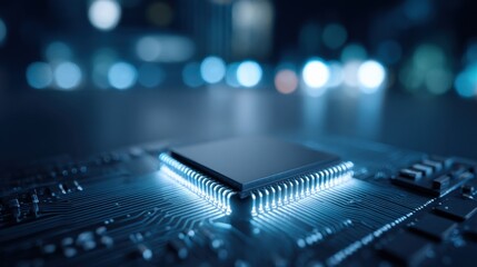 Microchip on Circuit Board Illustrating High Technology, Data Processing, and Electronic Components in Blue Tones