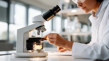 A focused scientist examines a microscopic slide through a high-quality microscope, highlighting the intricate details as light illuminates the specimen for scientific analysis in a modern laboratory 