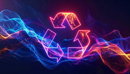 Glowing recycling symbol amid vibrant, swirling energy waves
