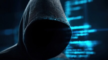 Anonymous Hacker in Hoodie with Binary Code Background, Cyber Security Threat Illustration Concept