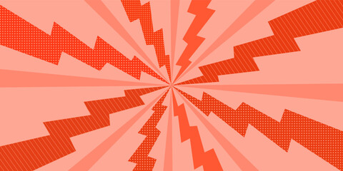 Red comic radial burst background with zigzag lightning shapes and halftone dot patterns creating an energetic pop art explosion. for posters, banners, promotions, ads, stickers, graphic designs. © Hanofa Febriyanti