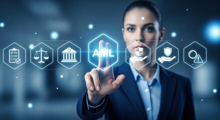 Businesswoman activating anti money laundering system controls on a futuristic interface for financial crime prevention