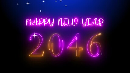 Futuristic Glowing Neon Light Happy New Year 2046 Text. The Falling Snow Star on Dark Background. Bright and Colorful Neon 2046 Happy New Year Greetings.