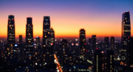 Fototapeta premium Blurred Cityscape at Dusk with Golden Sunset Glow Over Modern High-Rise Buildings