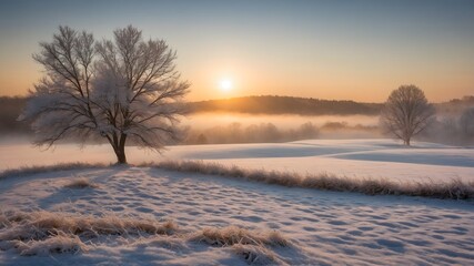 Paisaje invernal con &aacute;rbol cubierto de escarcha al amanecer en campo nevado