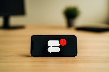 Smartphone with Urgent Message Notification Icon on Office Desk