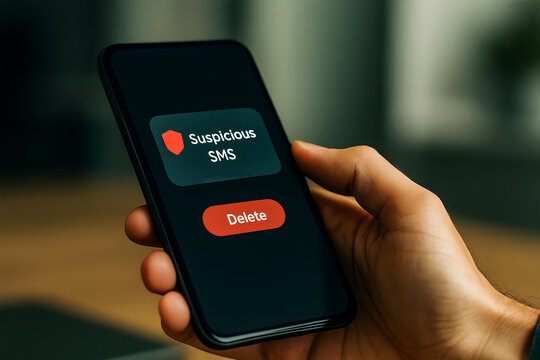 Smartphone screen showing Suspicious SMS warning notification with delete button held by hand
