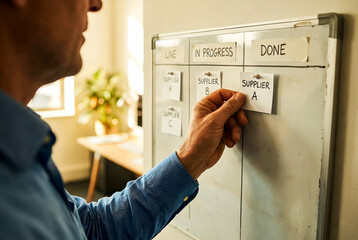 Businessman organizing supply chain workflow on office Kanban whiteboard