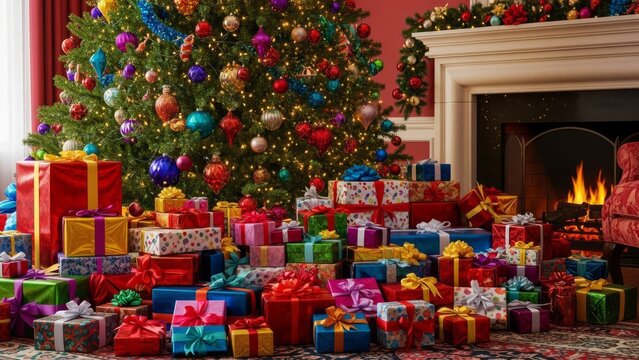 Sal&oacute;n Navide&ntilde;o Festivo con &Aacute;rbol Decorado y Monta&ntilde;a de Regalos Coloridos de Diferentes Tama&ntilde;os.