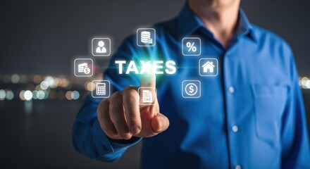 Tax Filing Concept: Person Touching Digital Interface with Icons Representing Finances and Calculations for Taxes