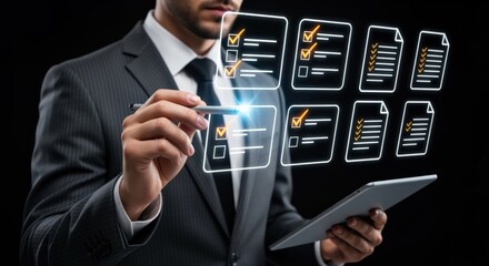 Businessman Completing Digital Checklist on Virtual Interface Using Tablet and Stylus for Task Management