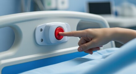 Patient's Finger Pressing Red Emergency Call Button on Hospital Bed for Immediate Assistance