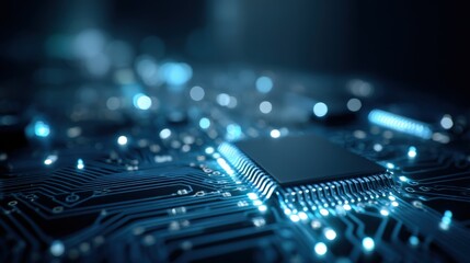 Semiconductor Microchip on a Circuit Board, Representing High Technology, Data Processing, and Artificial Intelligence