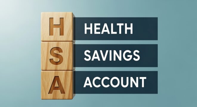Health Savings Account Concept Represented with Wooden Blocks and Graphic Elements on a Blue Gradient Background