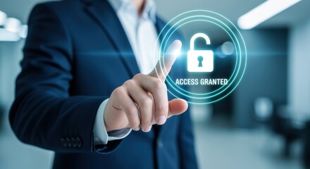 Businessman Interacting with Digital Access Granted Icon, Illustrating Cybersecurity and Data Protection for Business