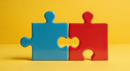 Obraz premium Connected Puzzle Pieces in Blue and Red Symbolizing Teamwork, Problem Solving, and Strategic Partnership on Yellow Background