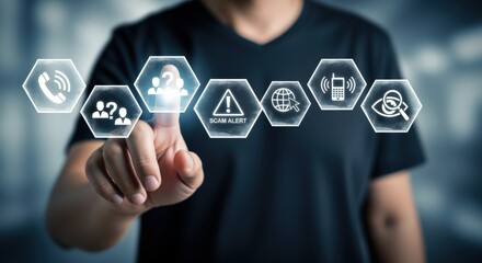 Person interacts with a digital interface displaying scam alert, reporting, and identification for online safety