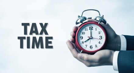 Tax time concept: Businessman holds alarm clock reminding of approaching tax deadline, financial management concept
