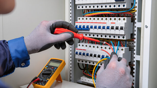 Electrician at work, Repairing the system, Following safety rules, Typical industrial work, Performing routine maintenance, Electrician works panel, Wearing safety gloves