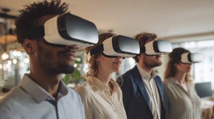 Diverse Team Experiencing Virtual Reality Headsets in Modern Office, Exploring Metaverse Applications and Future Technology