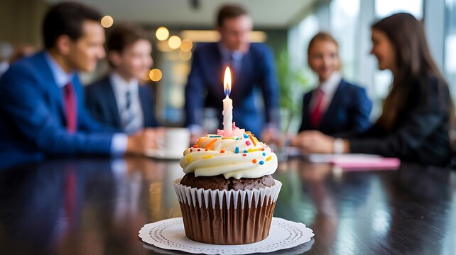 Office birthday celebration with cupcake and candle at workplace - Powered by Adobe