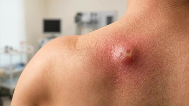 Close-up of a painful inflamed boil on a persons shoulder in a medical setting.