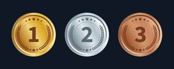 Set of Gold, Silver and Bronze Award Medals, Realistic Metallic Gradients and 1st, 2nd, 3rd Place Medals Isolated on White Background. 3d Vector. 