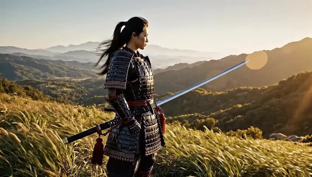 Fierce female samurai warrior stands resolute on a grassy hilltop at sunset katana drawn embodying strength honor and traditional Japanese culture