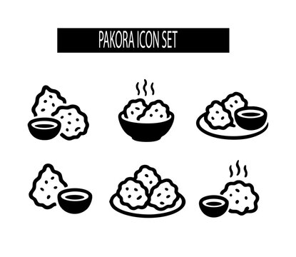 Pakora Fritters Black and White Icon Set with Sauce Minimal Vector Style