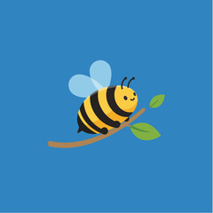 Cute cartoon bee perched on a branch with leaves smiling happily.