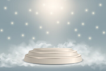 Minimal white podium on soft clouds with glowing lights for luxury product presentation.