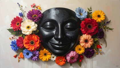 Serene black mask adorned with vibrant blooms, symbolizing inner peace