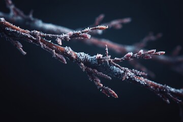 Closeup of icy reddish buds along frozen branch in blue light