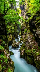 Deep canyon with a fast flowing river & lush, vibrant green foliage