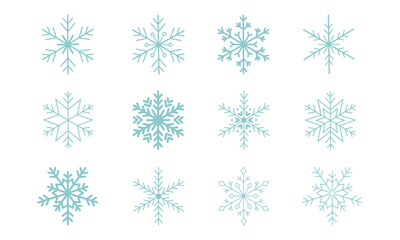 Blue snowflake crystals clipart set. Winter snow flakes silhouette. Christmas holiday decorations, snowy ornaments different shapes.